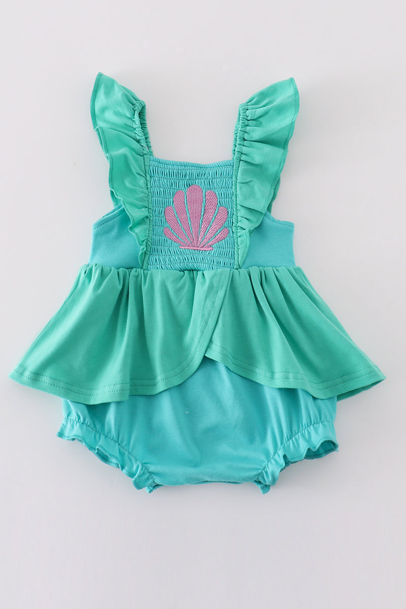 Girl's Boutique Green Ariel Mermaid Smocked Bubble Romper Dress Sibling Matching