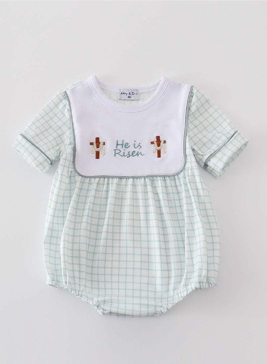 Boy's Boutique Blue Easter He Is Risen Applique Embroidered Embroidery Romper Outfit Matching Sibling
