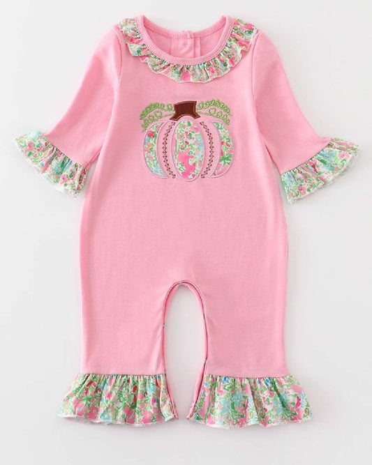 Girl's Boutique Pink Floral Pumpkin Applique Embroidered Embroidery Thanksgiving Fall Romper Matching Sibling