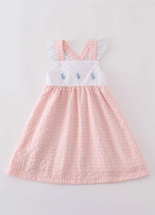 Girl's Boutique Premium Easter Bunny Pink Gingham Dress Sibling Matching Embroidered Embroidery