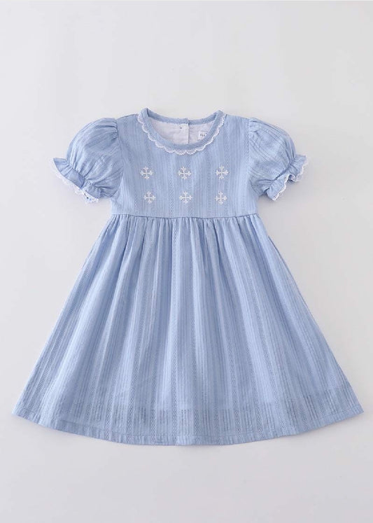 Girl's Boutique Premium Blue Easter Cross Girl Embroidered Embroidery Dress Matching Sibling
