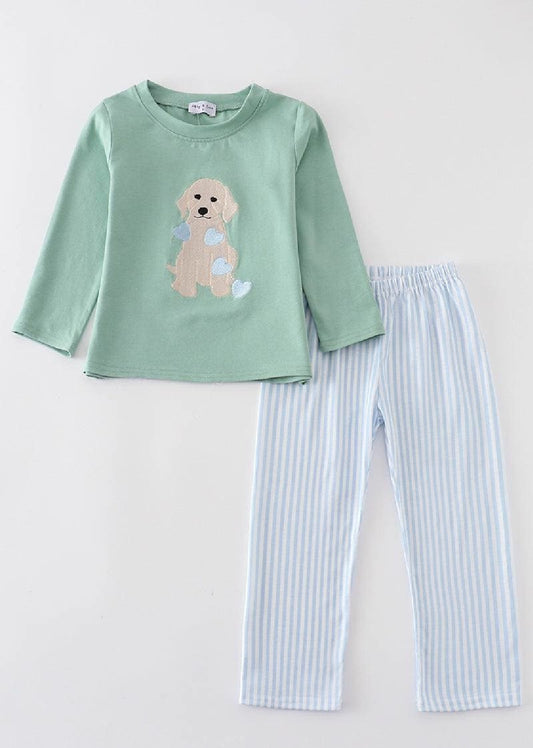 Boys Boutique Valentine's Day Green Puppy Heart Embroidery Embroidered 2 Piece Pant Set Outfit Matching Sibling