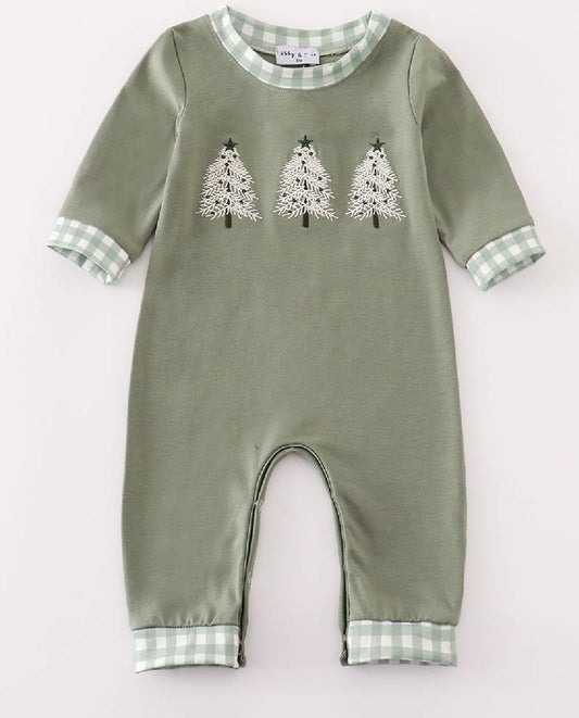 Boy's Boutique Cotton Christmas Tree Sage Green Embroidered Embroidery JonJon Jon Jon Romper Outfit Sibling Matching