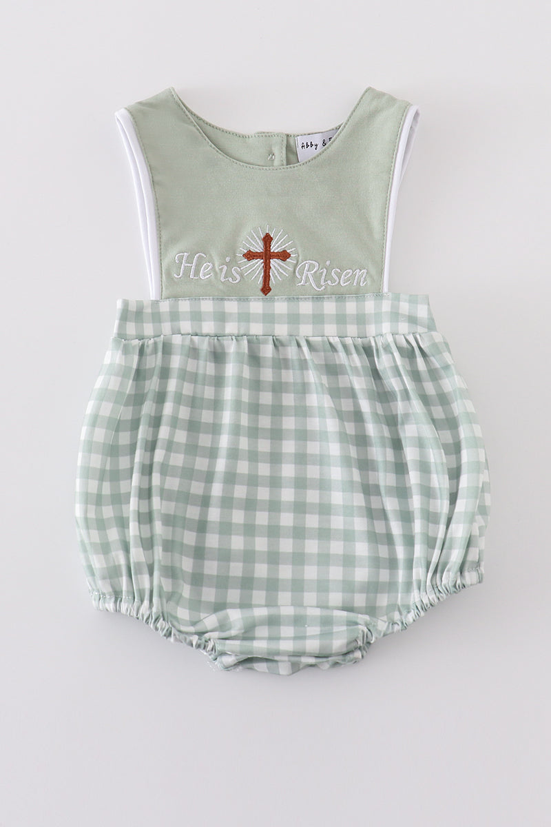 Boy's Sage Green Easter He Is Risen Applique Checkered Embroidered Romper Outfit Matching Sibling