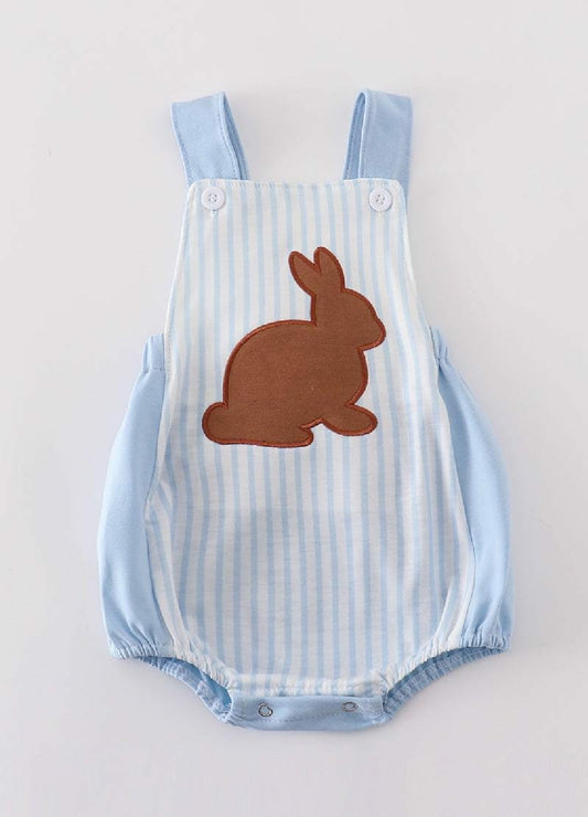 Boy's Boutique Easter Blue Chocolate Bunny Bunnies Applique Embroidered Embroidery Bubble Romper Outfit Matching Sibling