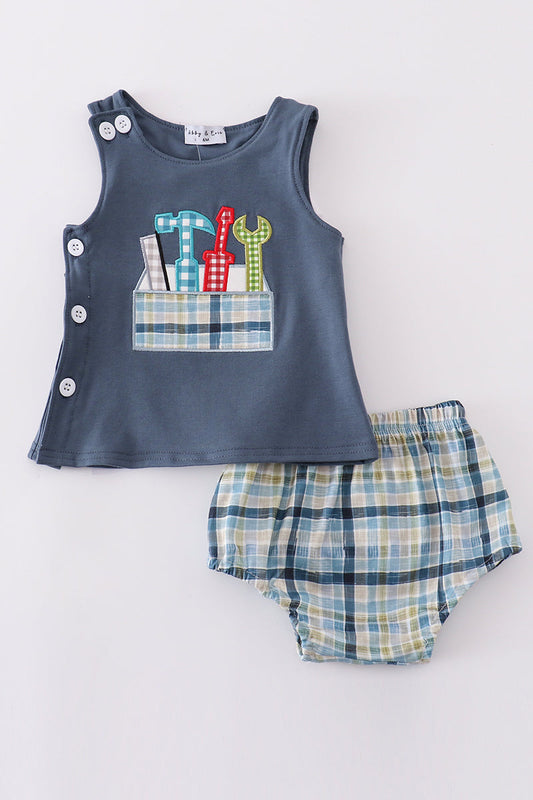 Boy's Boutique Blue Tool Box Applique Embroidered Embroidery 2 Piece Outfit Set Matching Sibling