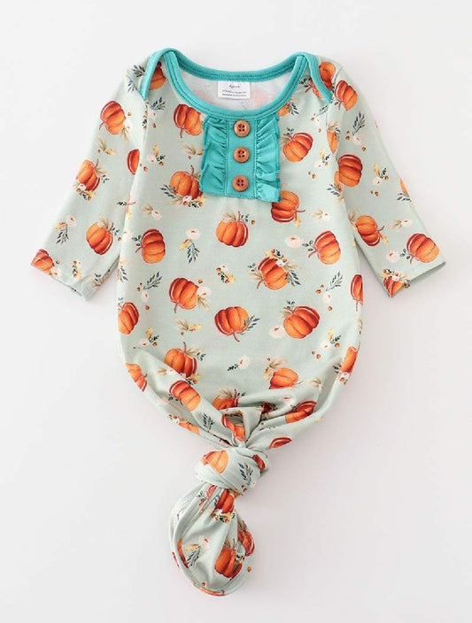Girl's Boutique Green Pumpkin Fall Print Bamboo Baby Knot One Piece Outfit