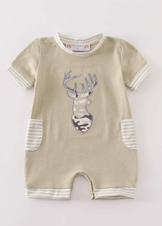 Boy's Boutique Cotton Camouflage Deer Embroidery Embroidered Applique Romper Matching Sibling