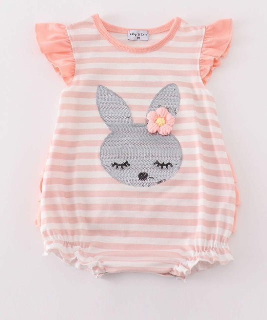 Girl's Boutique Pink Easter Bunny Sequin Girl Embroidered Embroidery Romper Outfit Matching Sibling
