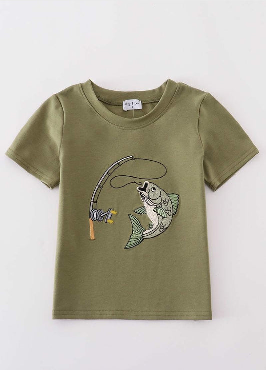 Boy's Boutique Green Fish Embroidered Embroidery Boy Top Sibling Matching Summer Fishing Trip