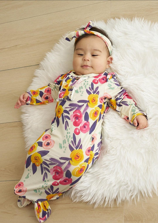 Girl's Boutique Spring Floral Print Bamboo Baby Knot One Piece Outfit And Matching Headband