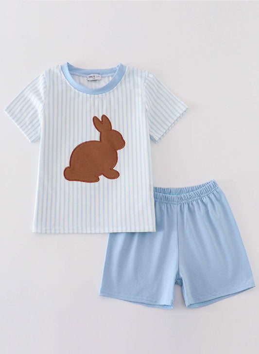 Boy's Boutique Easter Blue Chocolate Bunny Bunnies Applique Embroidered Embroidery Two Piece Short Set Outfit Matching Sibling