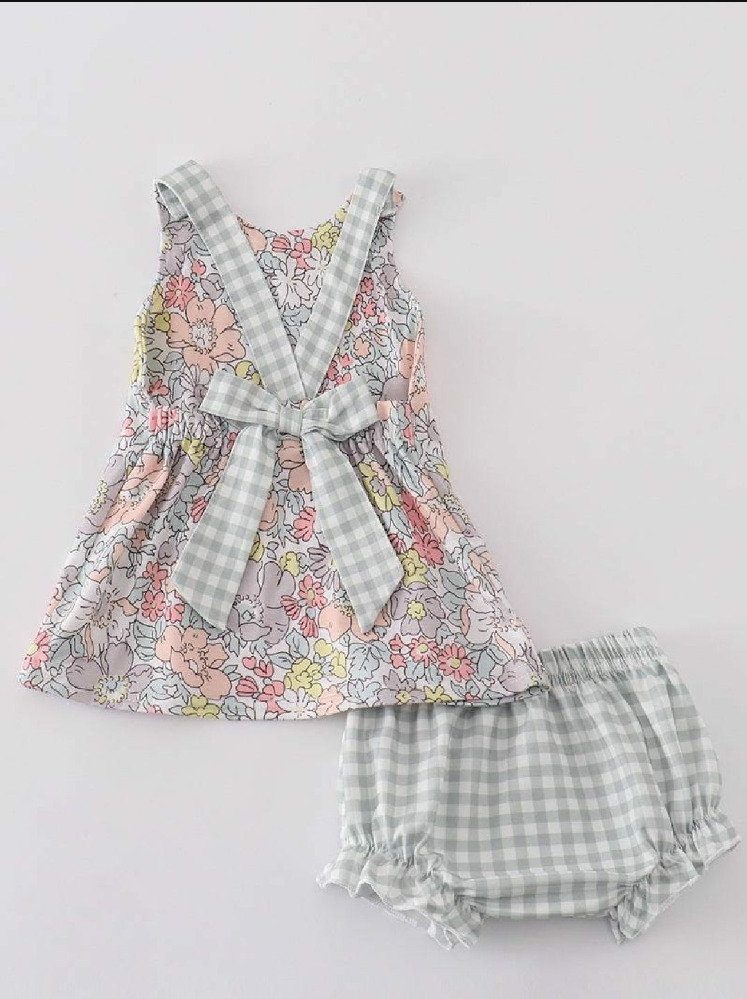 Girl's Boutique Sage Pastel Floral Harmony Girl Gingham Bloomer Ruffle 2 Piece Set Sibling Matching