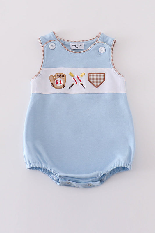 Boy's Boutique Blue Baseball Embroidered Embroidery Romper Outfit Matching Sibling