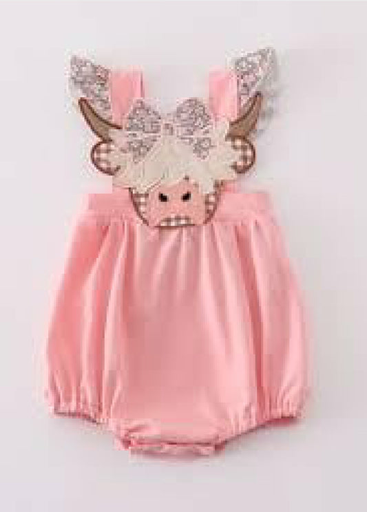 Girl's Boutique Pink Highland Cow Applique Embroidered Embroidery Bubble Romper Matching Sibling