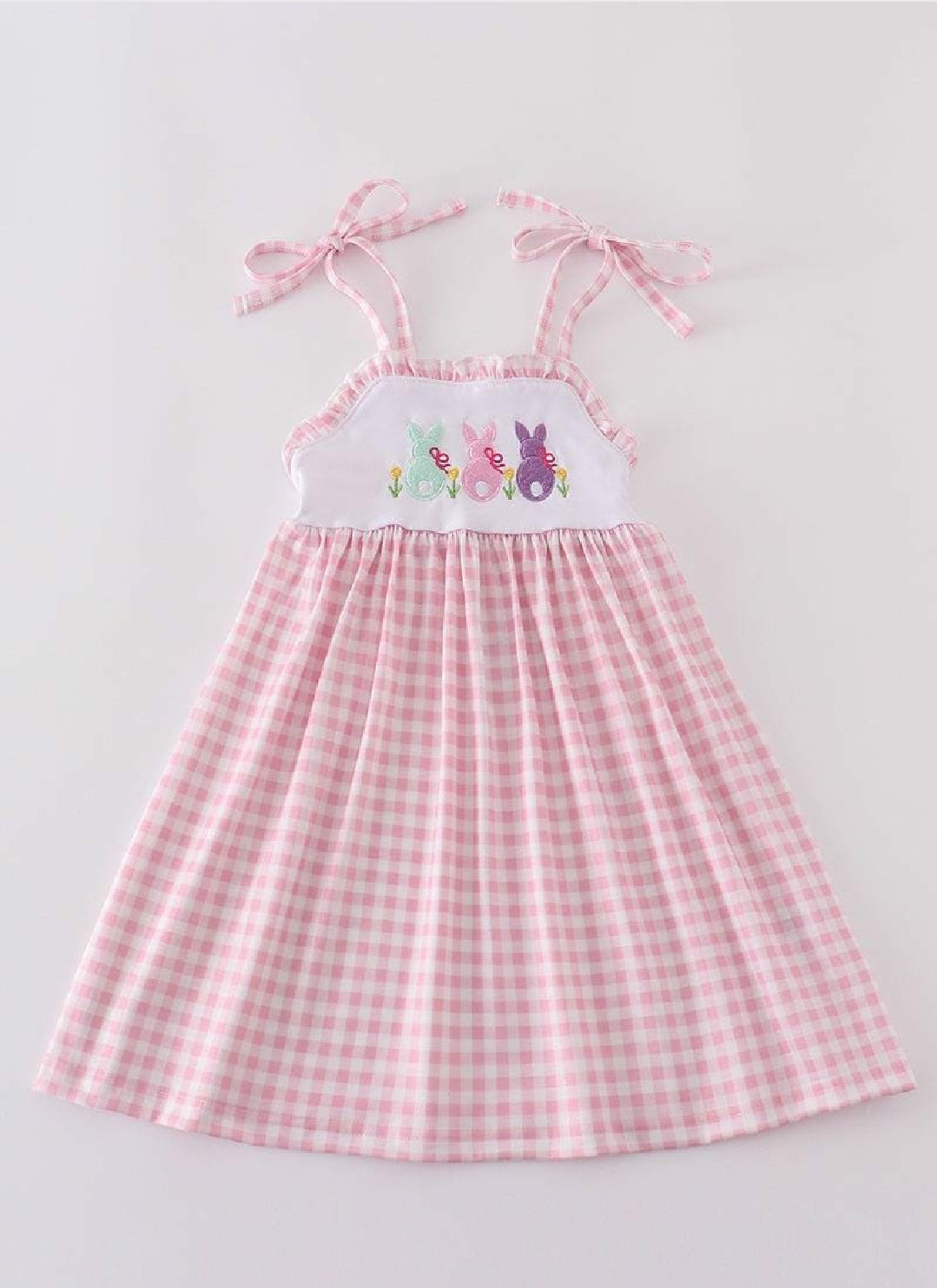 Girl's Boutique Pink Bunny Gingham Dress Sibling Matching Embroidered Embroidery