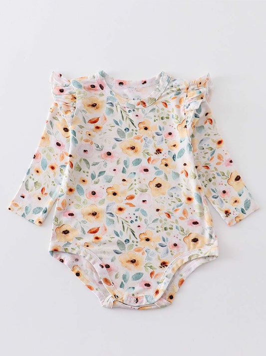 Girl's Boutique Mustard Floral Print Bamboo Baby Bubble Romper One Piece Outfit