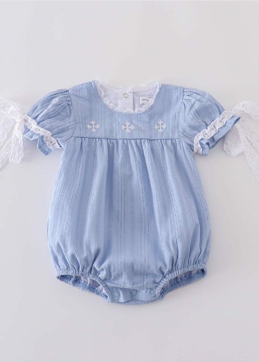 Girl's Boutique Premium Blue Easter Cross Girl Embroidered Embroidery Romper Matching Sibling