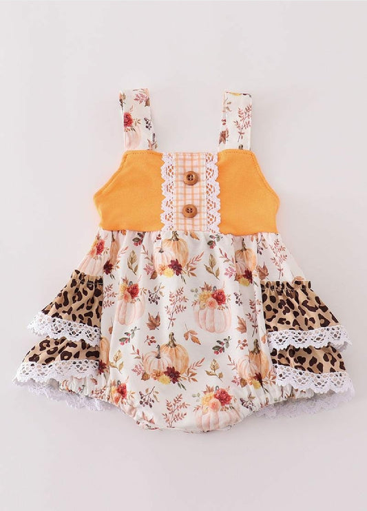 Girl's Boutique Orange Pumpkin Leopard Bubble Romper Fall Thanksgiving Sibling Matching