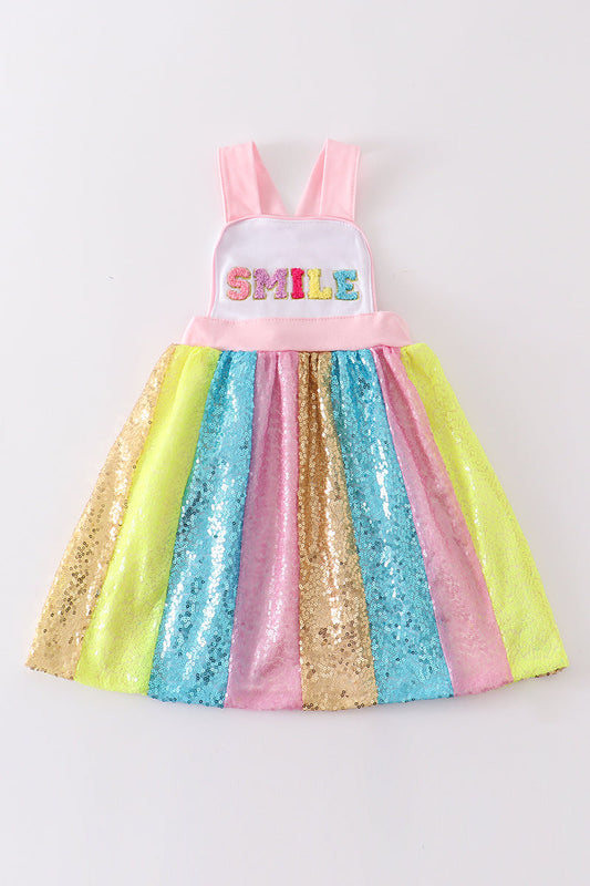 Abby & Evie Girl's Boutique Rainbow Sequin French Knot Smile Strap Dress