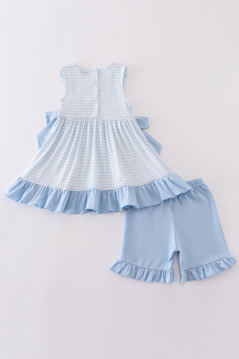 Girl's Boutique Easter Blue Cross Applique Embroidered Two Piece Short Set Outfit Matching Sibling