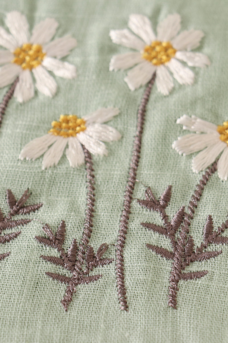 Petal & Pine Girl's Boutique Sage Green Floral Embroidered Linen Ruffle Dress Matching Sibling