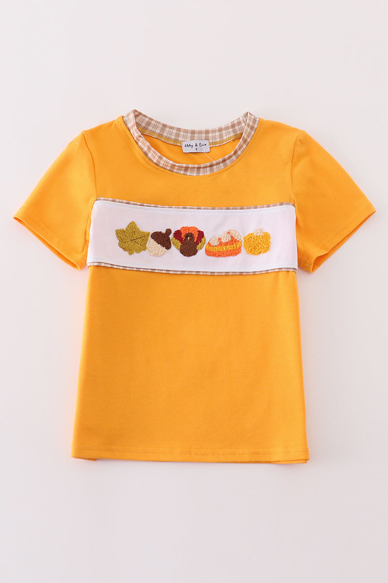 Abby & Evie Boy's Boutique Brown Plaid Turkey French Knot Embroidered Embroidery Thanksgiving Fall Boy Top T Shirt Matching Sibling