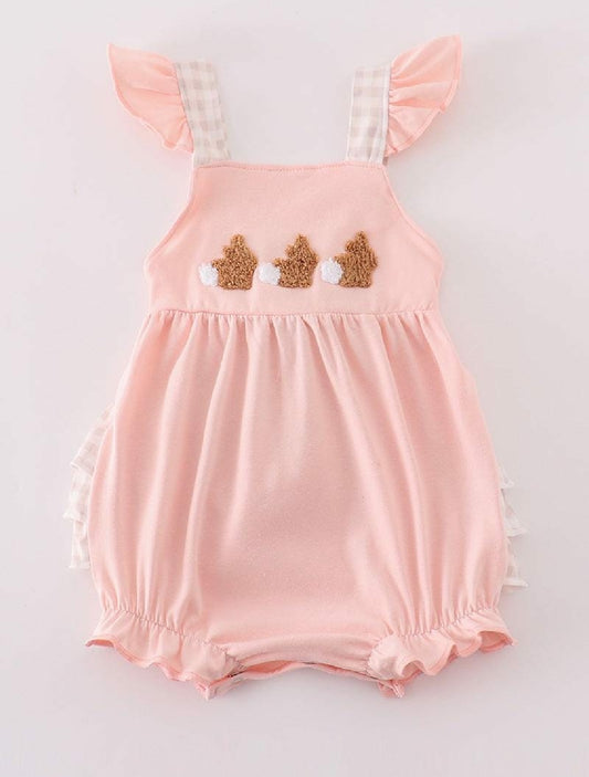 Girl's Boutique Pink Easter Bunny French Knot Girl Embroidered Embroidery Bubble Romper Matching Sibling