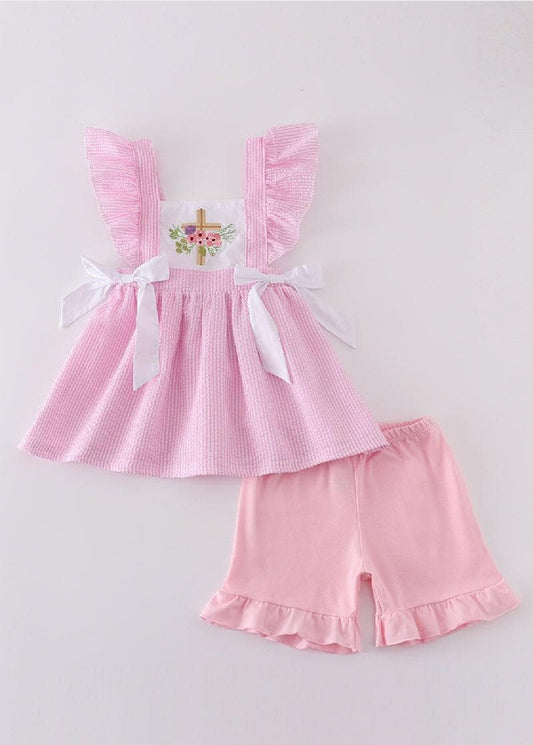 Girl's Boutique Pink Easter Cross Seersucker Lace Girl Embroidered Embroidery Two Piece Set Outfit Matching Sibling