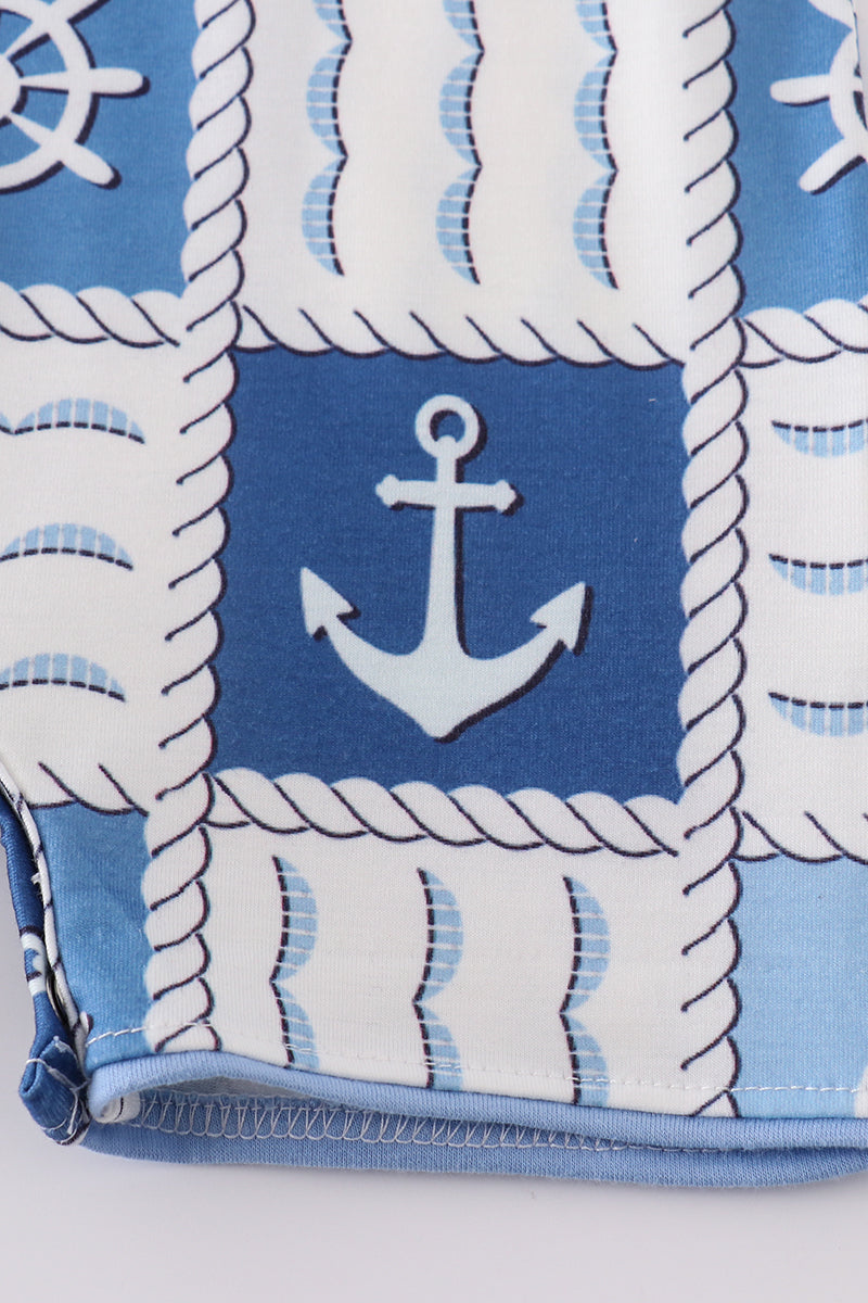 Boy's Blue Sailboat Checkered Pocket Jon Jon Romper Sibling Matching Summer Cruise Trip