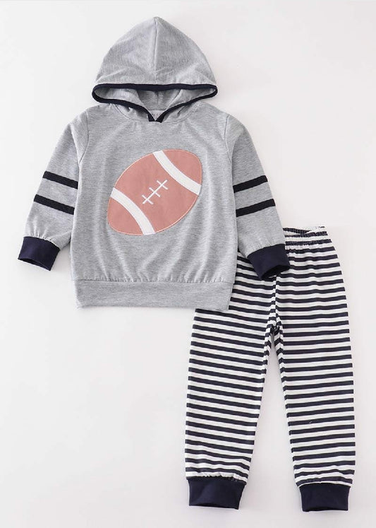 Boy's Boutique Gray And Navy Football Applique Embroidered Embroidery Hoodie Outfit Matching Sibling