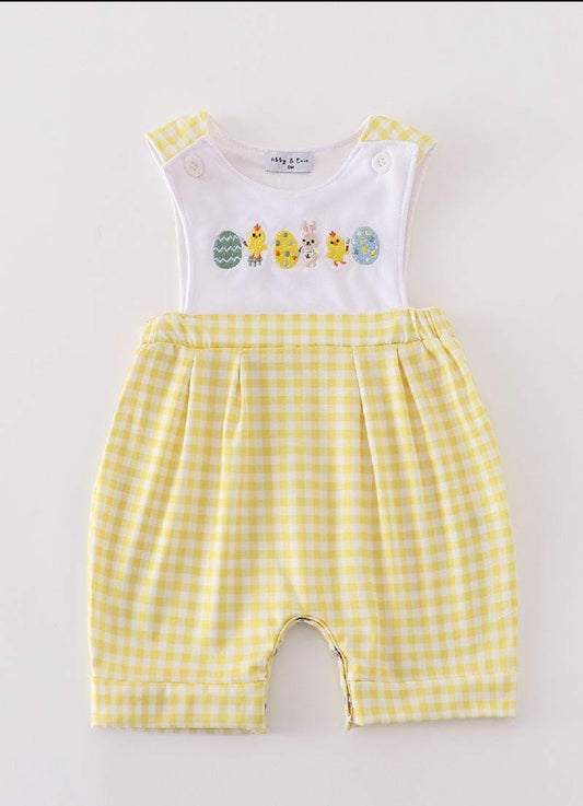 Boy's Boutique Yellow Bunny Egg Embroidered Embroidery Jonjon Romper Outfit Matching Sibling