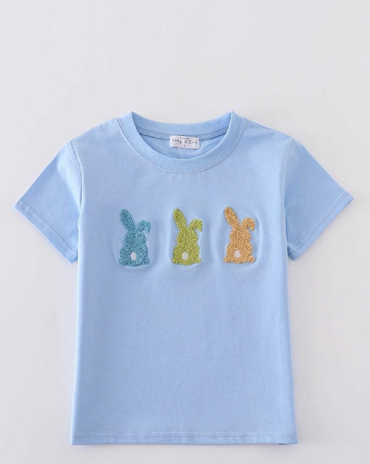 Boy's Boutique Premium Blue Easter Bunny French Knot Embroidered Boy Top Matching Sibling