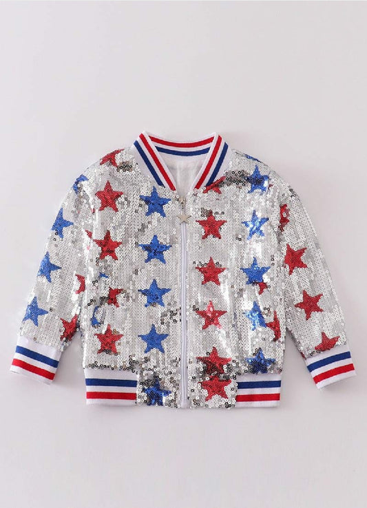 Girl's Boutique Patriotic Star Sequin Jacket Coat 4th Of July Dance Cheer Zip Up