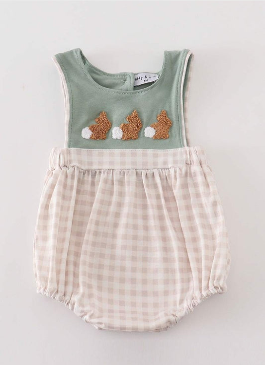 Boy's Boutique Cotton Sage Easter Bunny French Knot Embroidered Bubble Romper Outfit Matching Sibling