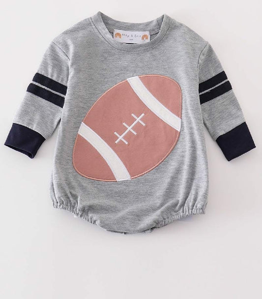 Boy's Boutique Gray And Navy Football Applique Embroidered Embroidery Romper Outfit Matching Sibling