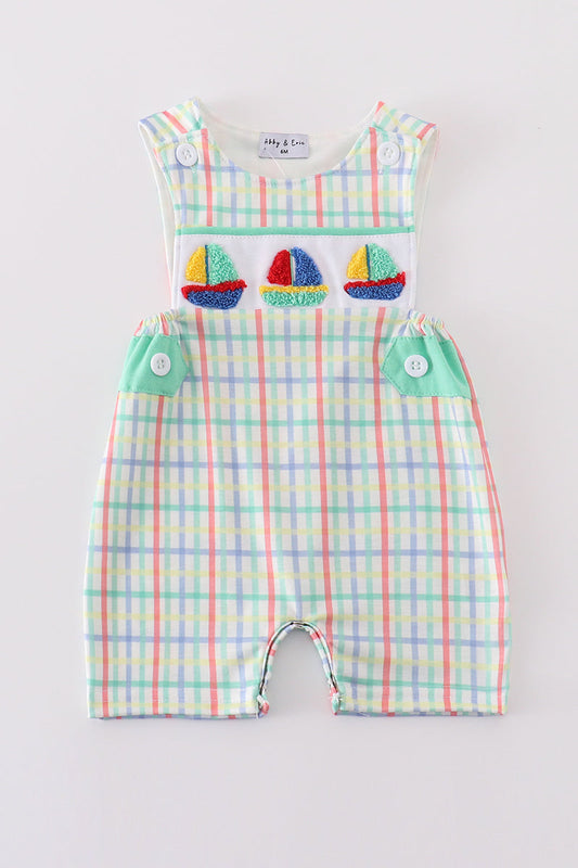 Boy's Boutique Green Sailboat French Knot JonJon Romper Sibling Matching Summer Cruise Trip