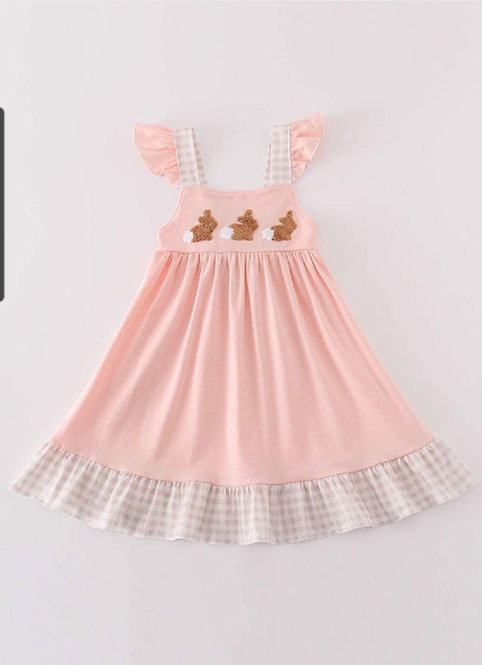 Girl's Boutique Pink Easter Bunny French Knot Girl Embroidered Embroidery Dress Matching Sibling