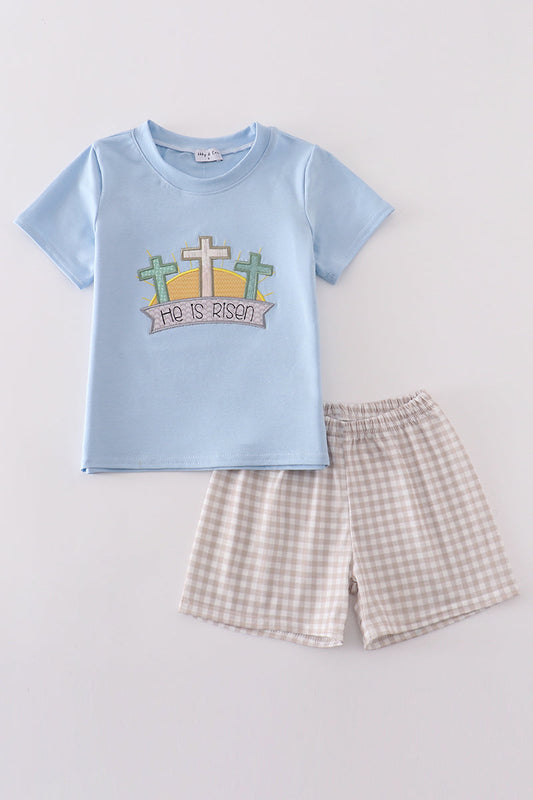 Boy's Boutique Blue Easter Cross He Is Risen Applique Gingham 2 Piece Outfit Set Matching Sibling