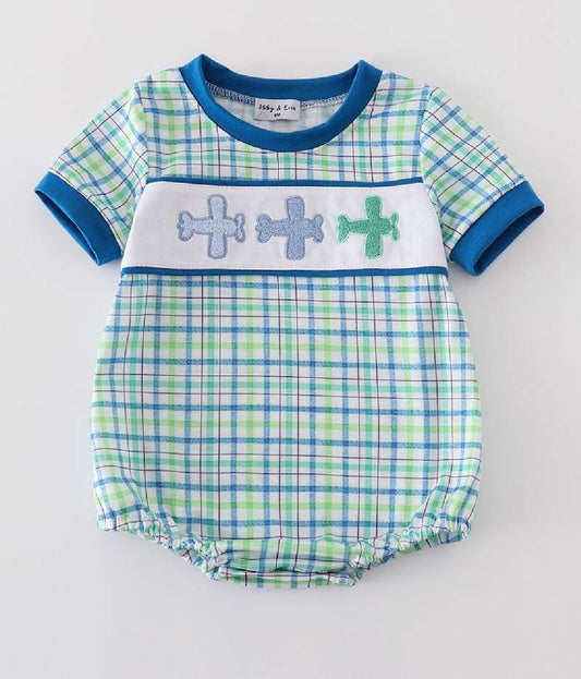 Boy's Boutique Blue Airplane Plaid Bubble Romper Sibling Matching Summer Plaid Embroidered Embroidery