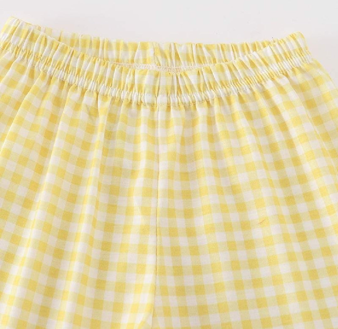Boy's Boutique Yellow Bunny Egg Embroidery Checkered Embroidered Two Piece Short Outfit Matching Sibling