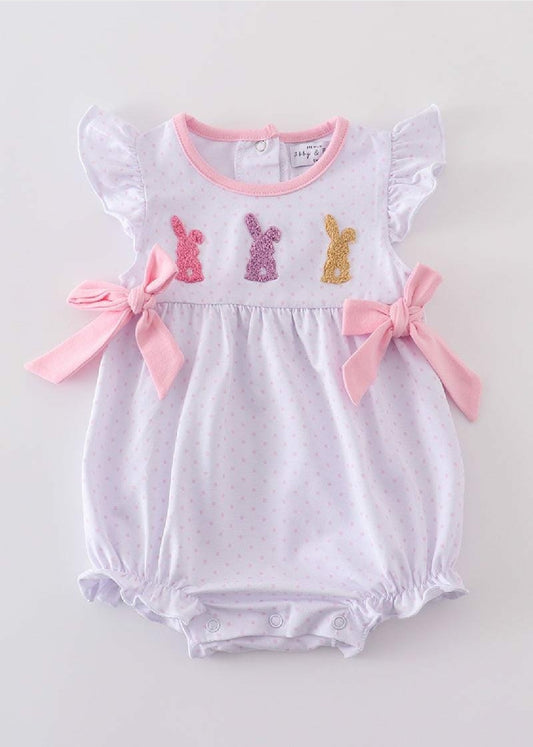 Girl's Boutique Premium Easter Dot Bunny Romper Sibling Matching Embroidered Embroidery