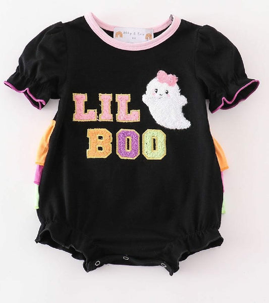 Girl's Boutique Halloween Lil Boo Chenille Patch Embroidered Embroidery Bubble Romper Sibling And Parent Matching Mommy And Me
