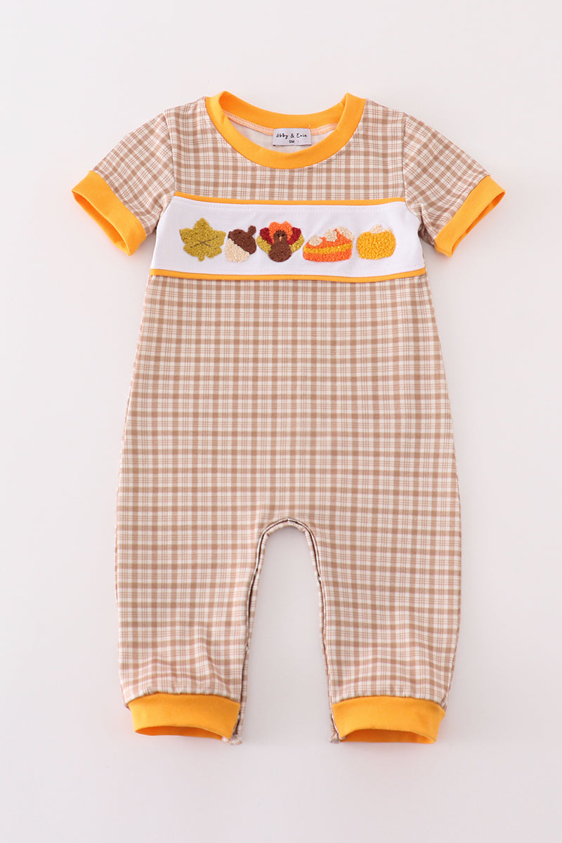 Abby & Evie Boy's Boutique Brown Plaid Turkey French Knot Embroidered Embroidery Thanksgiving Fall Boy Romper Outfit Matching Sibling