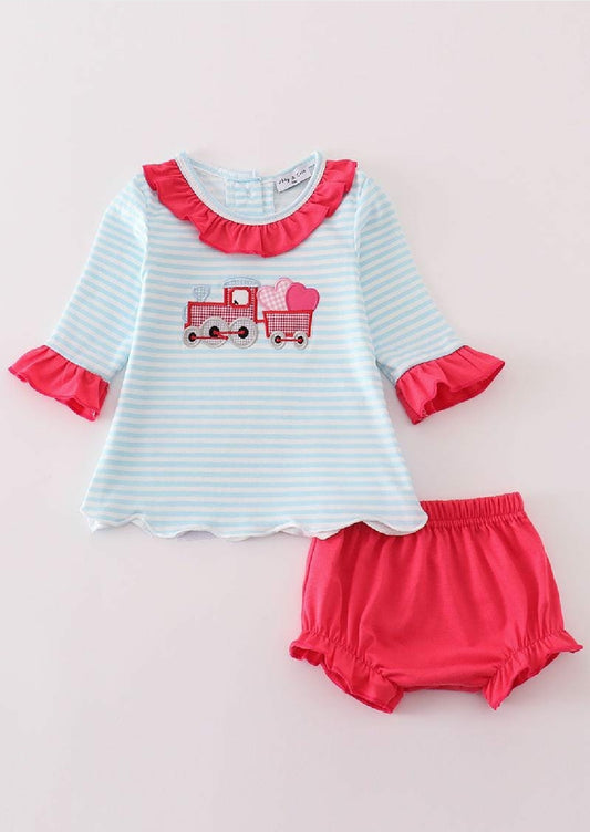 Girl's Boutique Pink Truck Heart Applique Bloomer Set Embroidery Embroidered Matching Sibling