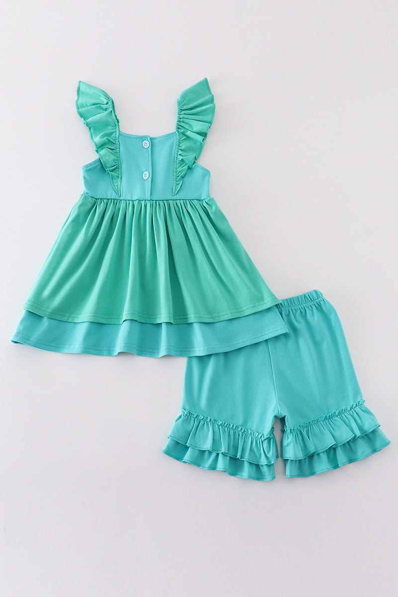 Girl's Boutique Green Ariel Mermaid Smocked 2 Piece Ruffle Set Sibling Matching