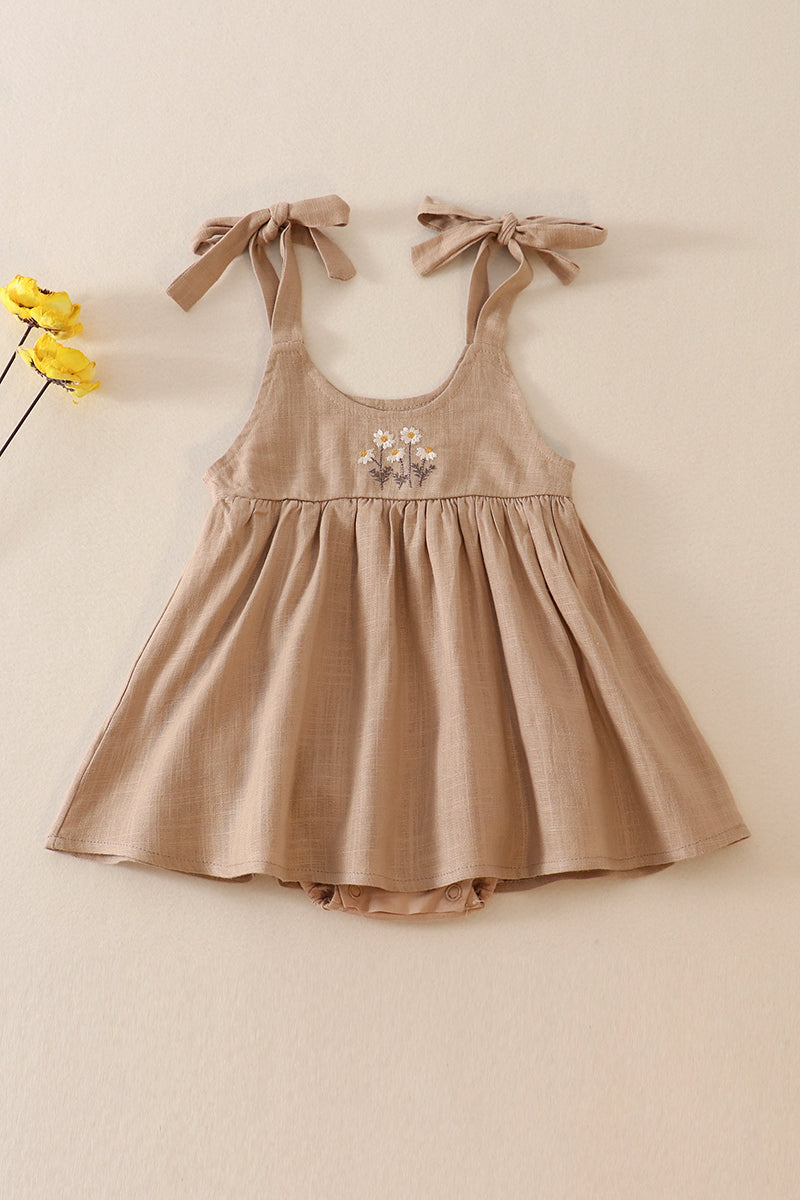 Petal & Pine Girl's Boutique Beige Floral Embroidered Linen Ruffle Strap Bubble Button Dress Matching Sibling