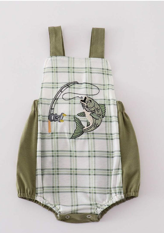Boy's Boutique Green Plaid Fish Embroidered Embroidery Boy Bubble Romper Sibling Matching Summer