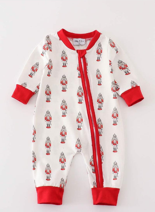 Boy's Boutique Christmas Red Nutcracker Print Zip Up Romper Matching Sibling
