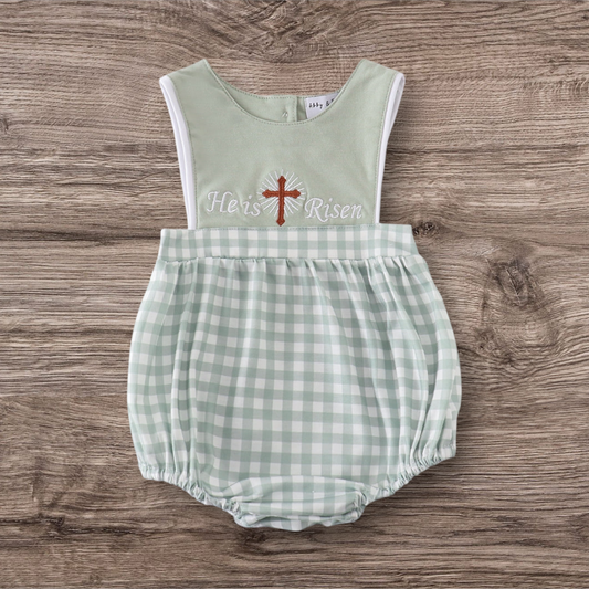 Boy's Sage Green Easter He Is Risen Applique Checkered Embroidered Romper Outfit Matching Sibling